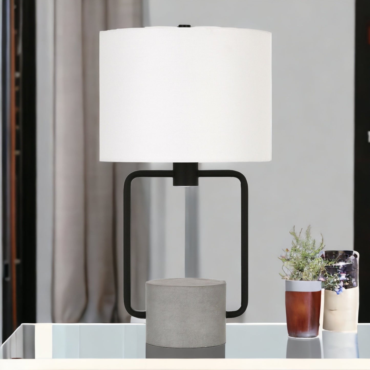 22" Black and Gray Concrete Table Lamp With White Drum Shade