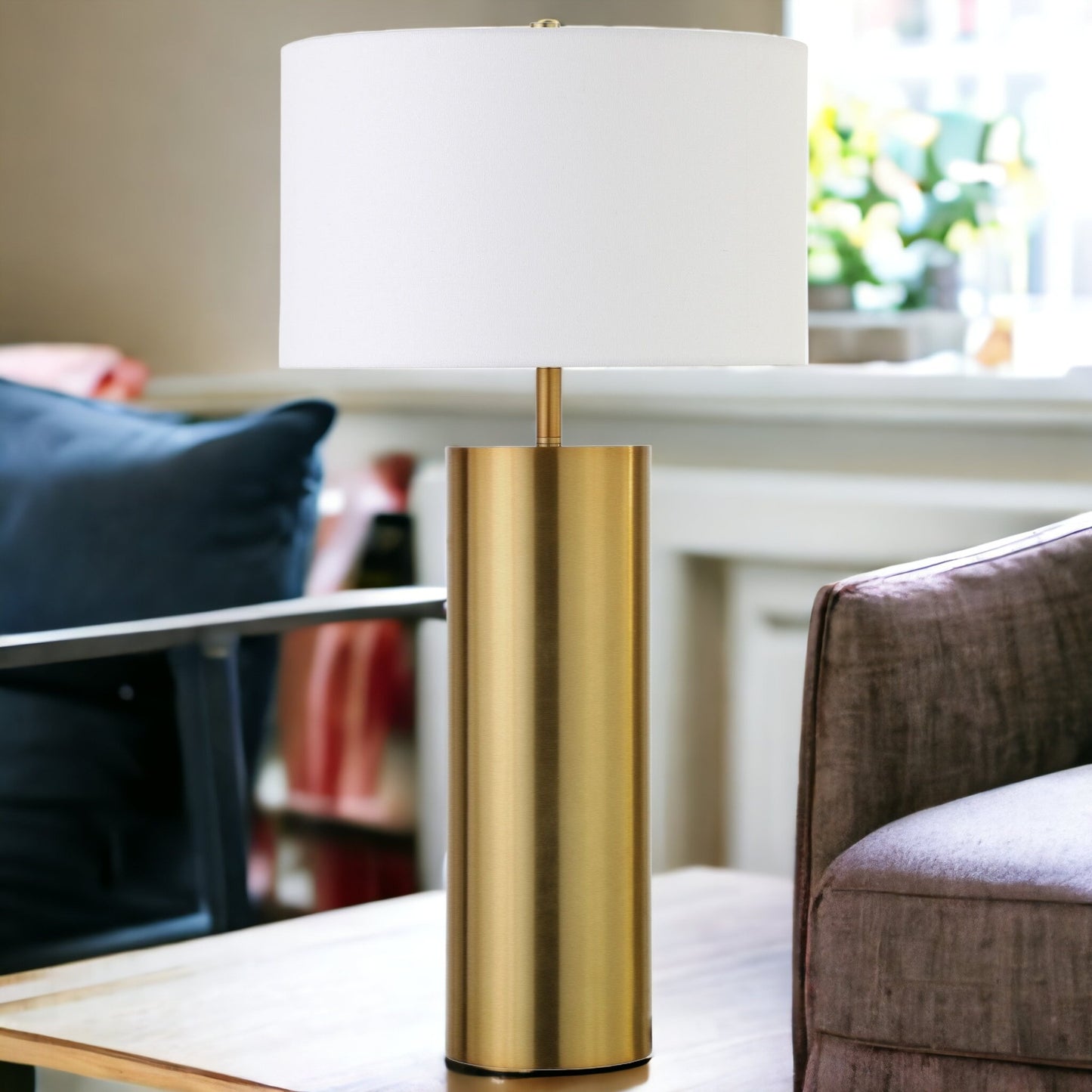 30" Brass Metal Table Lamp With White Drum Shade