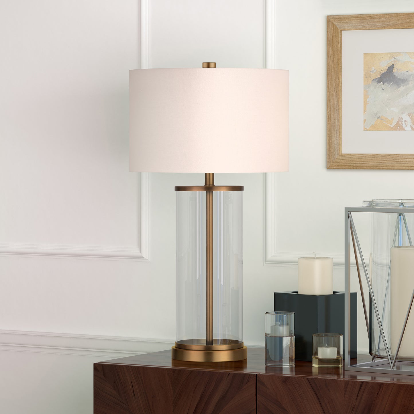 28" Brass Glass Table Lamp With White Drum Shade