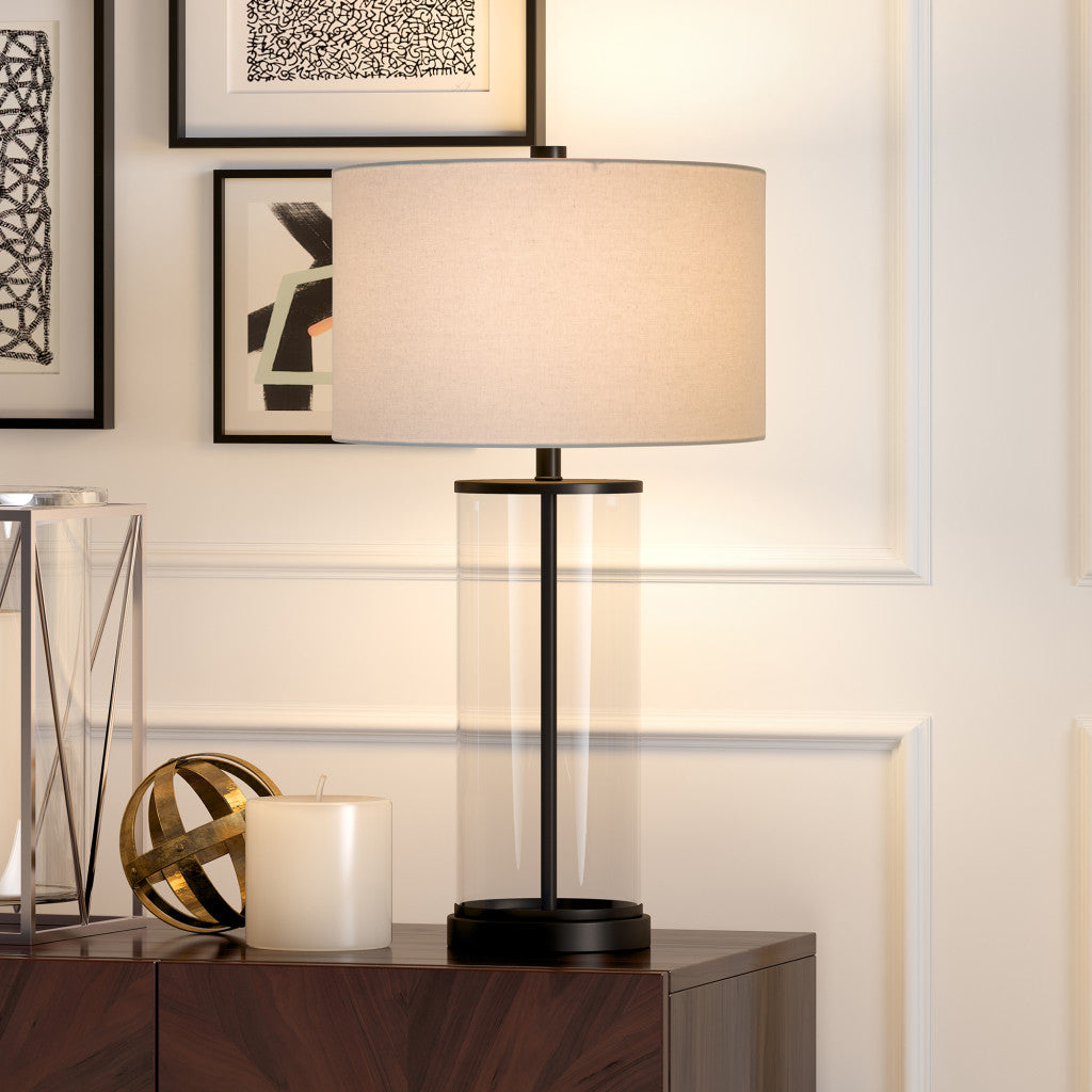 28" Black Glass Table Lamp With White Drum Shade