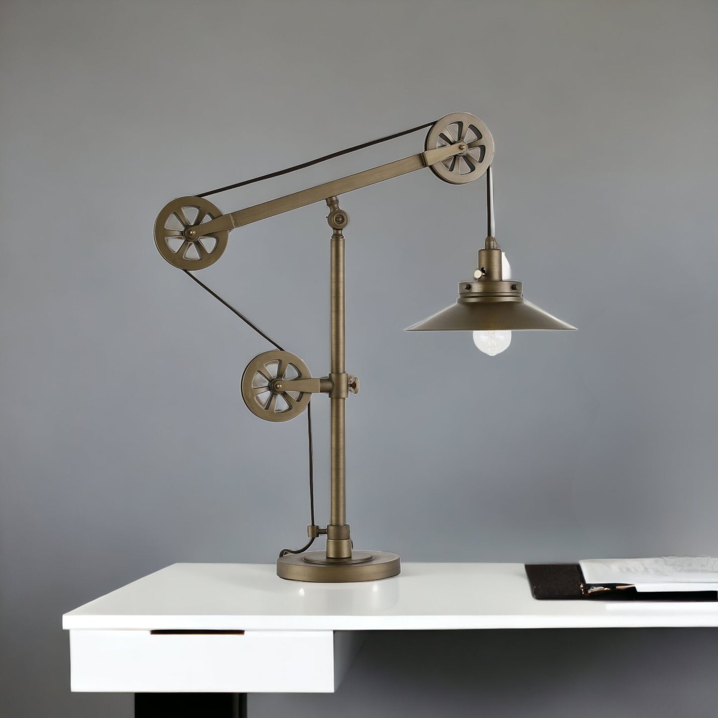 29" Brass Metal Desk Table Lamp With Brass Cone Shade