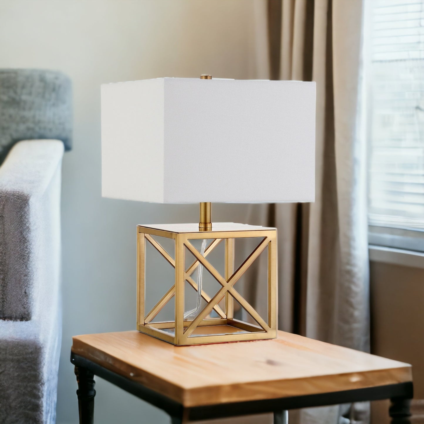 19" Brass Metal Table Lamp With White Square Shade