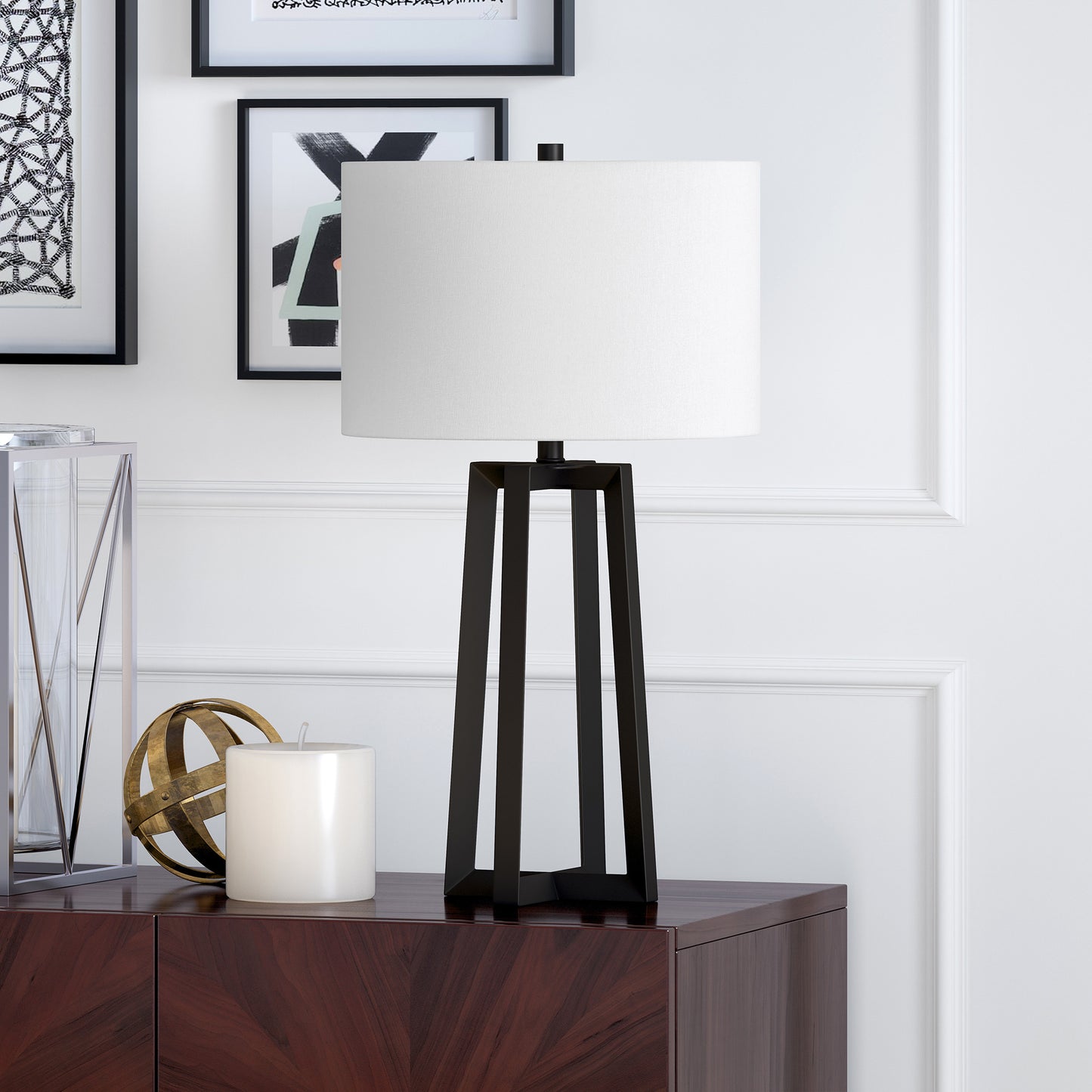 24" Black Metal Table Lamp With White Drum Shade