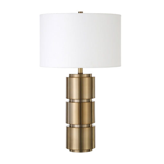 27" Brass Metal Table Lamp With White Drum Shade