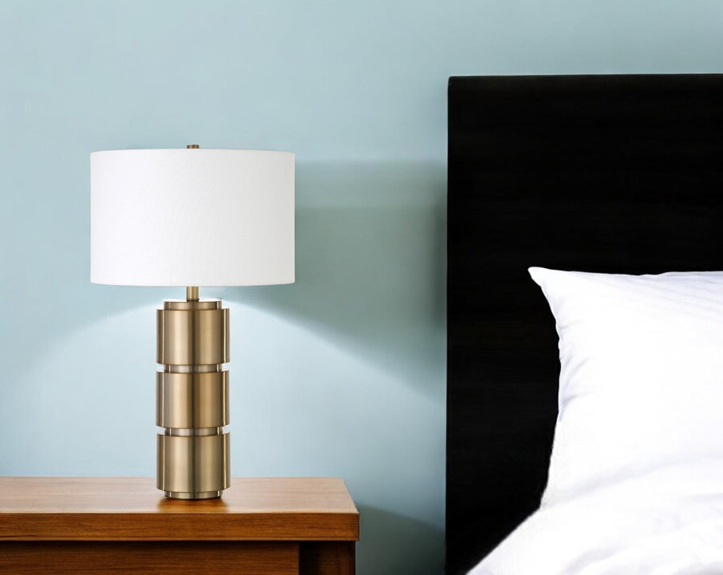 27" Brass Metal Table Lamp With White Drum Shade