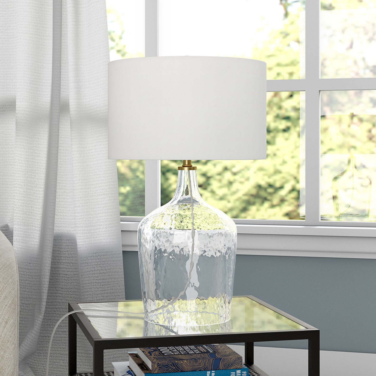 24" Clear Glass Gourd Table Lamp With White Drum Shade