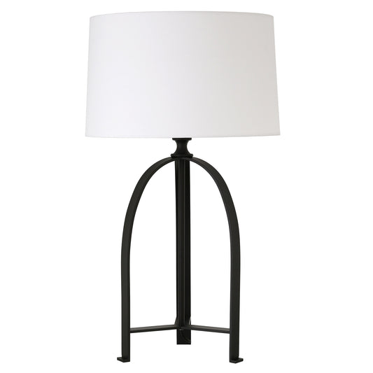 26" Black Metal Tripod Table Lamp With White Drum Shade