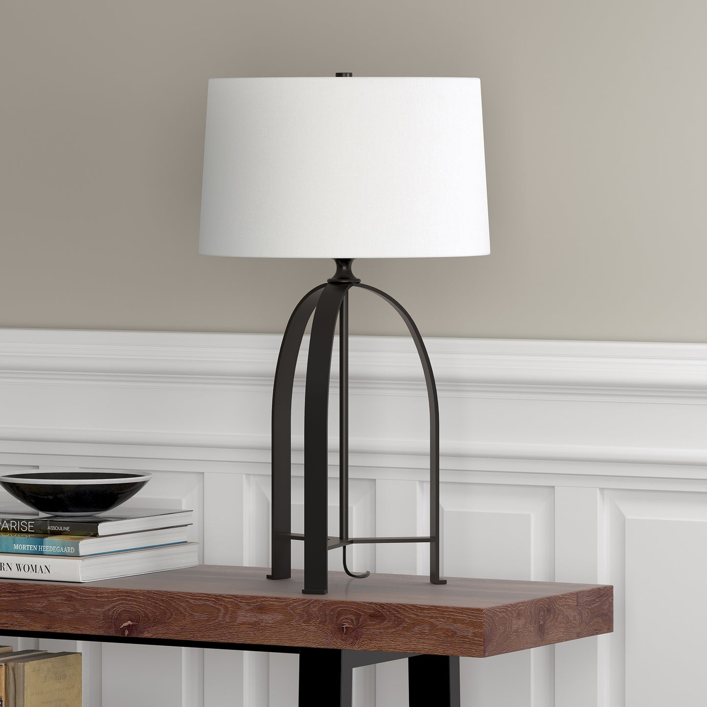 26" Black Metal Tripod Table Lamp With White Drum Shade