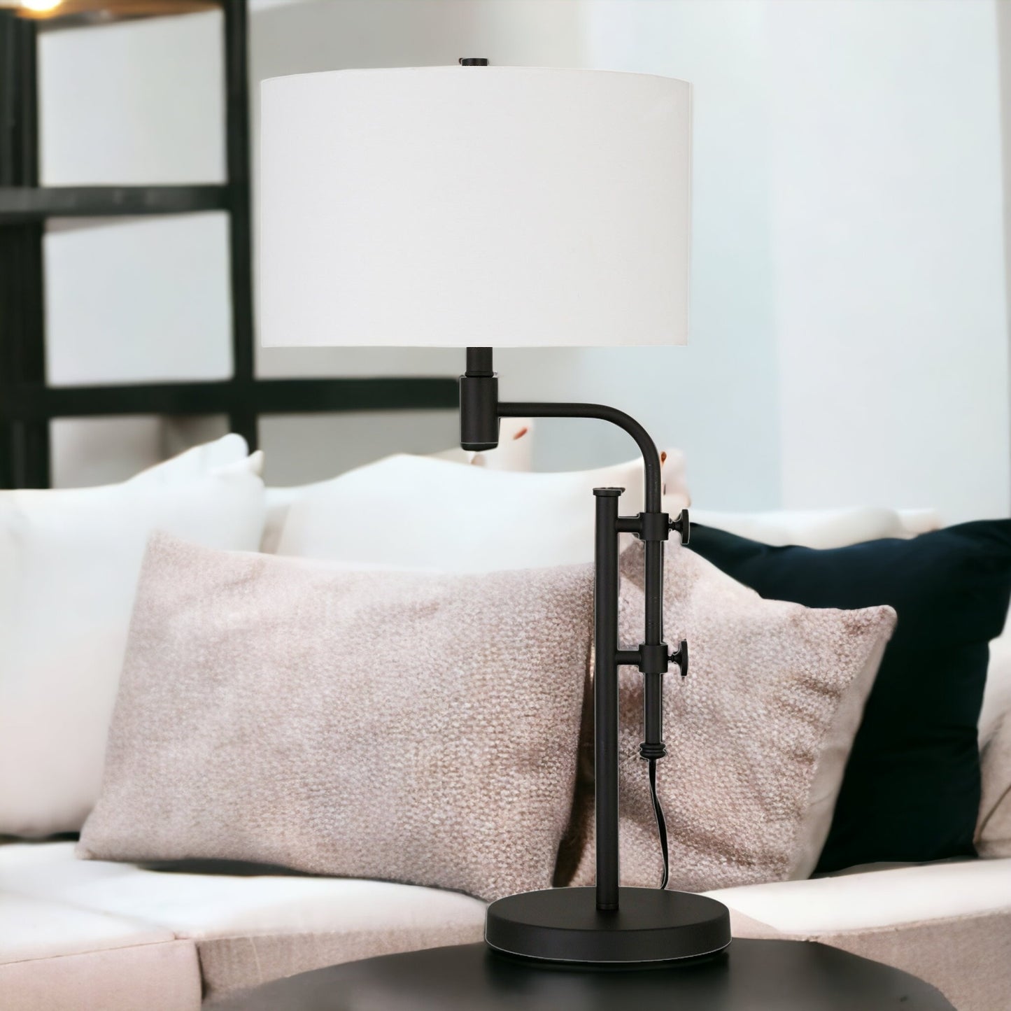 32" Black Metal Adjustable Table Lamp With White Drum Shade