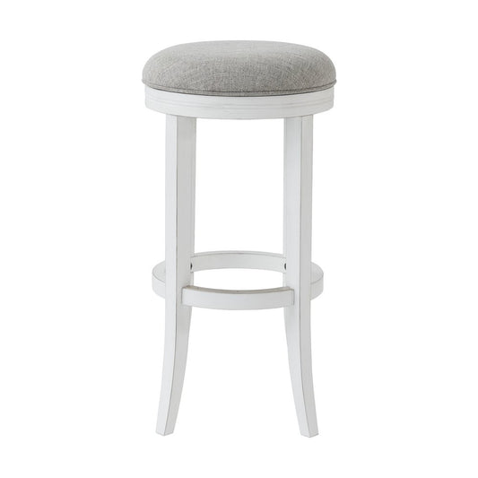 30" Gray And Antiqued White Linen And Solid Wood Backless Bar Height Swivel Bar Chair