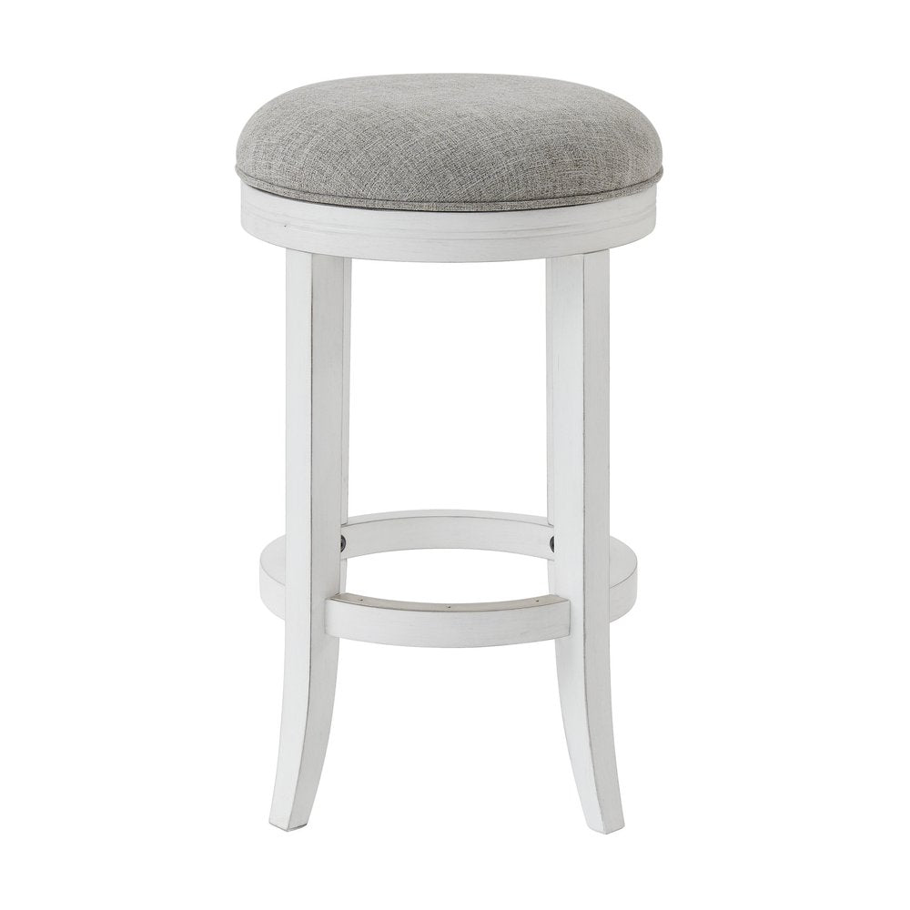 25" Gray And Antiqued White Linen And Solid Wood Backless Counter Height Swivel Bar Chair