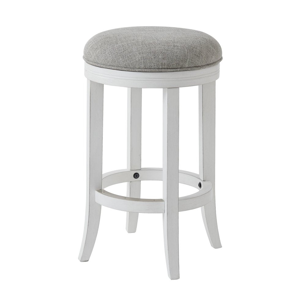 25" Gray And Antiqued White Linen And Solid Wood Backless Counter Height Swivel Bar Chair