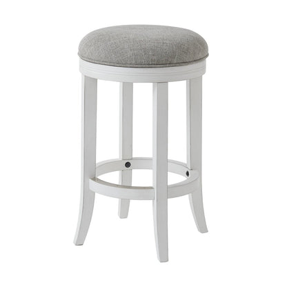 25" Gray And Antiqued White Linen And Solid Wood Backless Counter Height Swivel Bar Chair