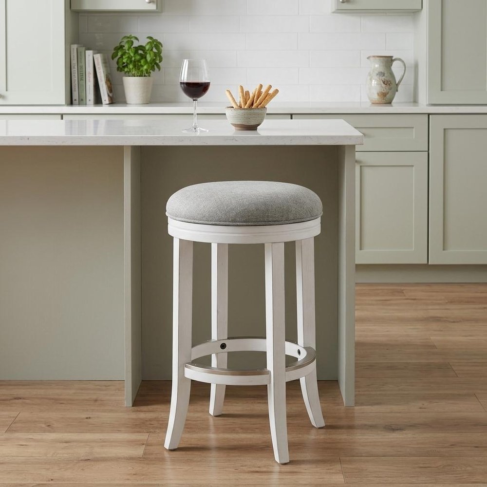 25" Gray And Antiqued White Linen And Solid Wood Backless Counter Height Swivel Bar Chair