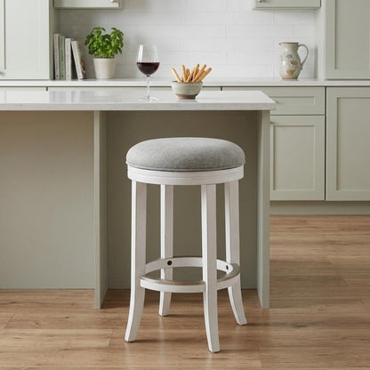 25" Gray And Antiqued White Linen And Solid Wood Backless Counter Height Swivel Bar Chair