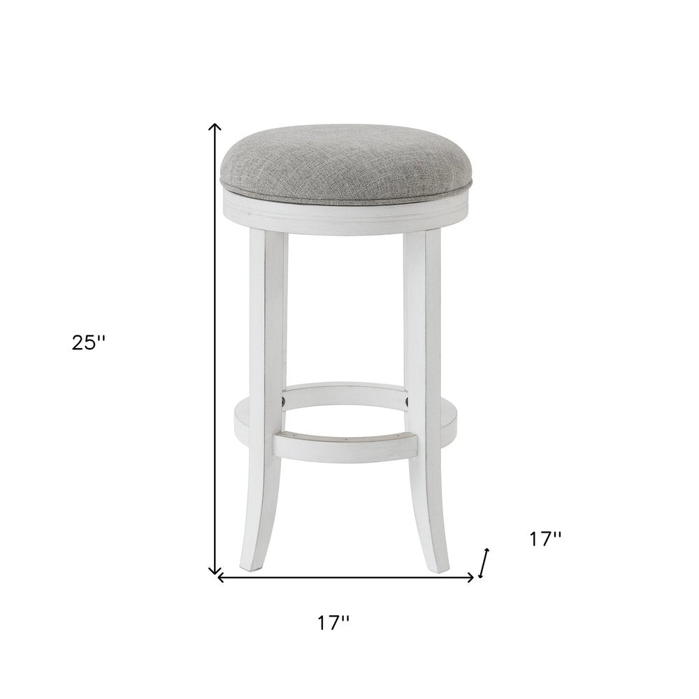25" Gray And Antiqued White Linen And Solid Wood Backless Counter Height Swivel Bar Chair