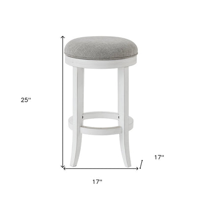 25" Gray And Antiqued White Linen And Solid Wood Backless Counter Height Swivel Bar Chair