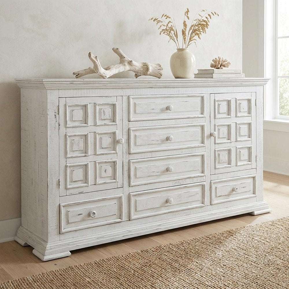 69" White Solid Wood Six Drawer Triple Dresser