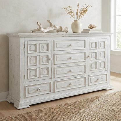 69" White Solid Wood Six Drawer Triple Dresser