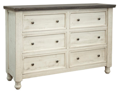 62" Gray And Ivory Solid Wood Six Drawer Double Dresser