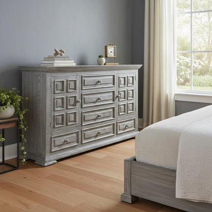 39" Gray Carved Geometric Solid Wood Two Door Six Drawer Combo Dresser