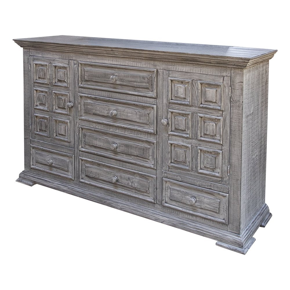 39" Gray Carved Geometric Solid Wood Two Door Six Drawer Combo Dresser