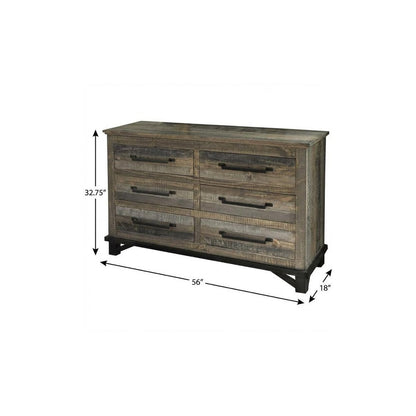 56" Brown Solid Wood Six Drawer Double Dresser