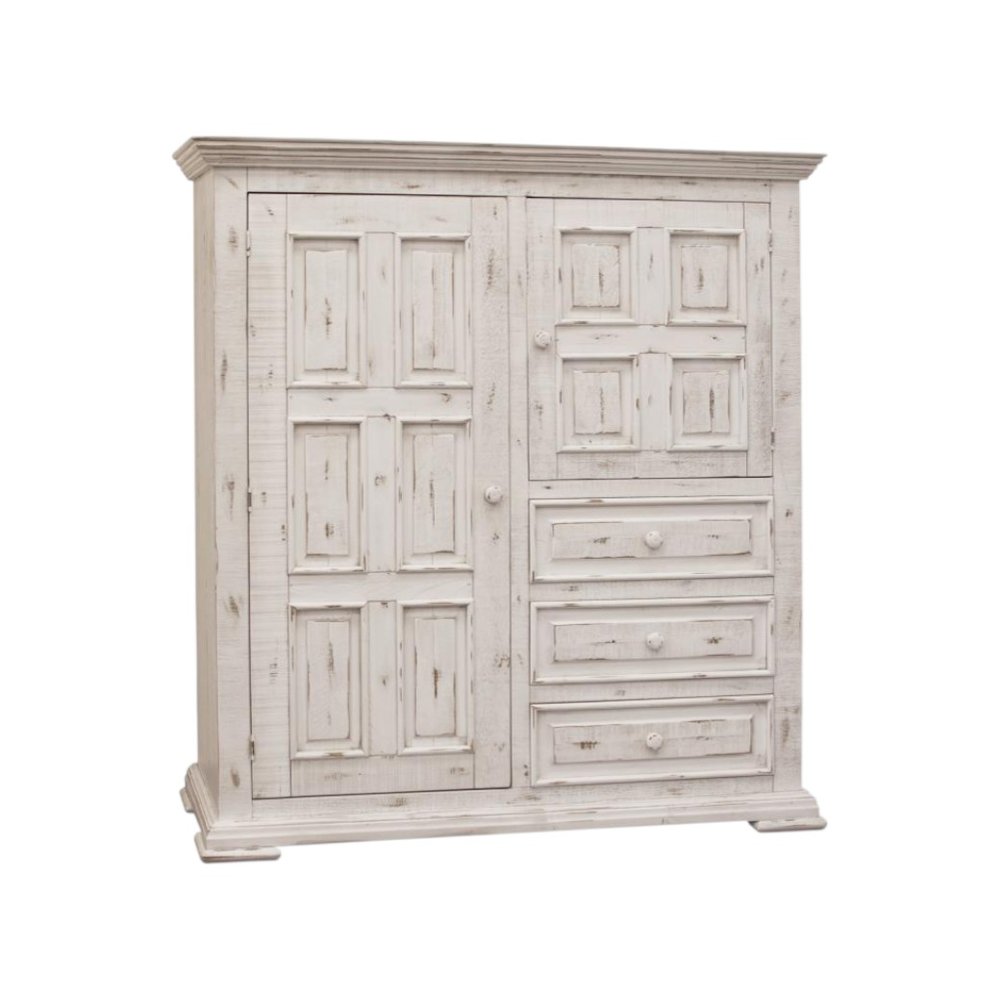 55" White Carved Geometric Solid Wood Three Drawer Gentlemens Chest