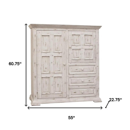 55" White Carved Geometric Solid Wood Three Drawer Gentlemens Chest