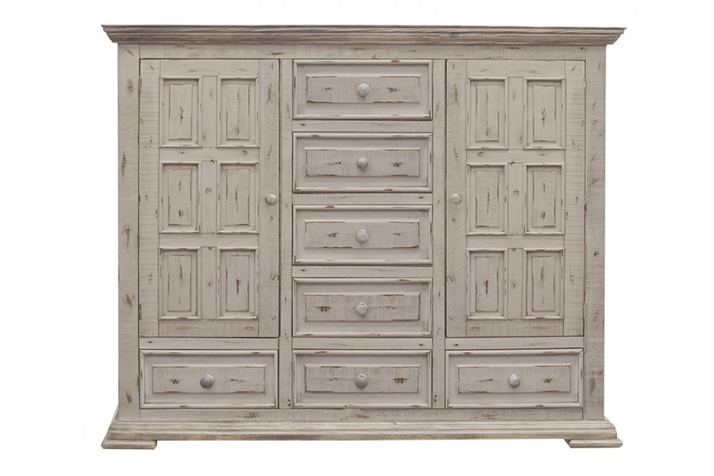 64" White Carved Geometric Solid Wood Seven Drawer Gentlemens Chest