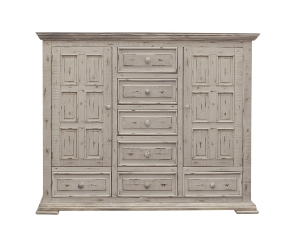 64" White Carved Geometric Solid Wood Seven Drawer Gentlemens Chest