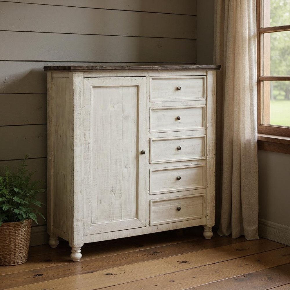 55" Gray And Ivory Solid Wood Five Drawer Gentlemens Chest
