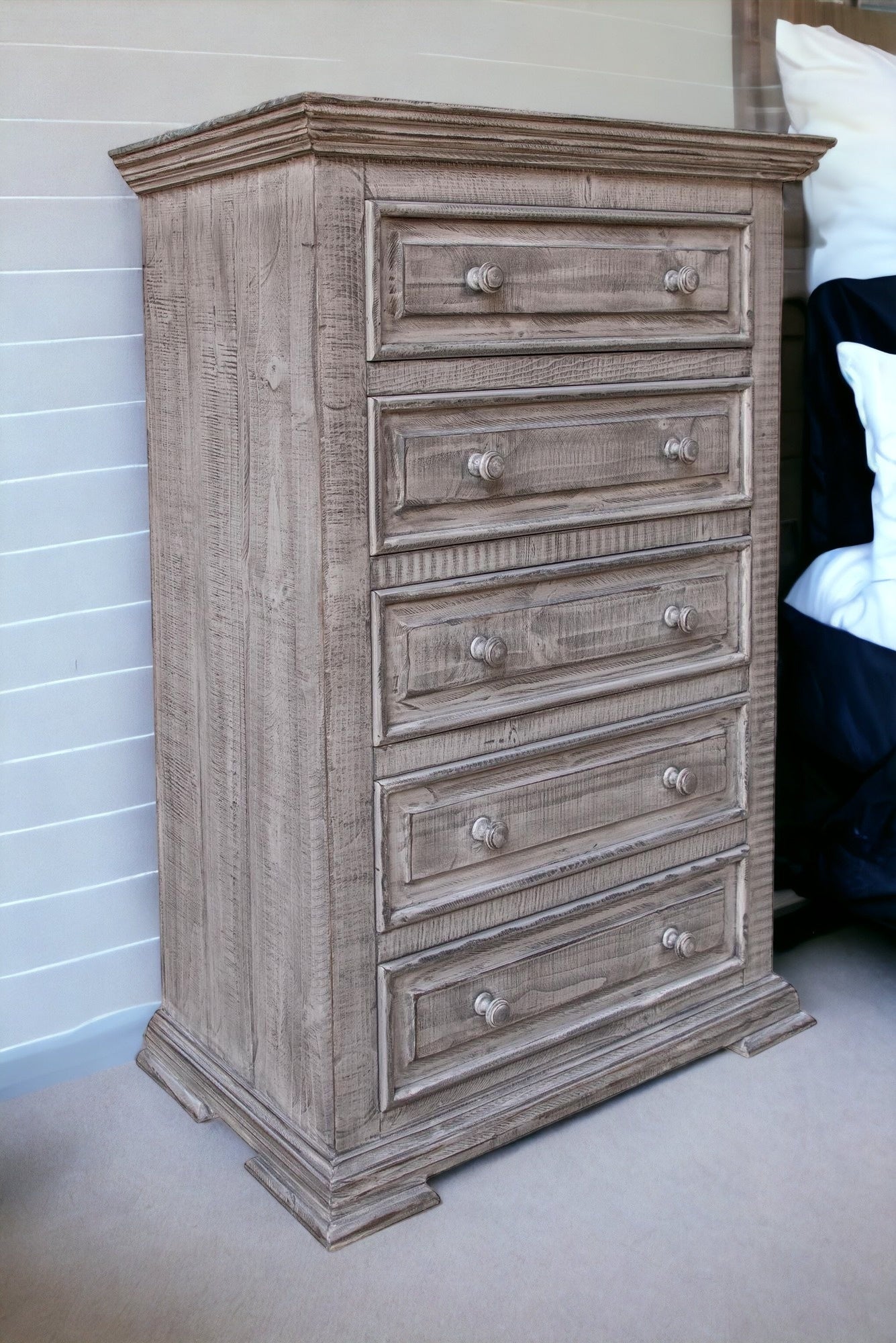 37" Gray Solid Wood Five Drawer Chest