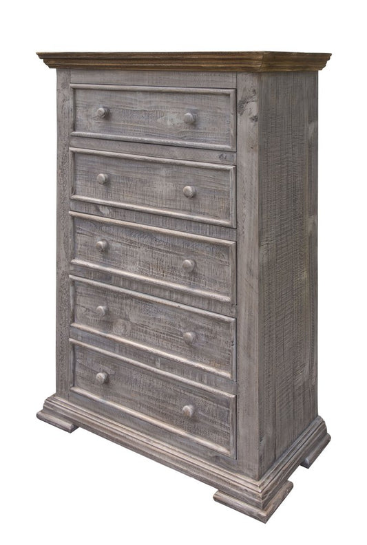 Weathered grey wooden tall chest with multiple distressed drawers and round knobs, dark wood top; rustic shabby chic.