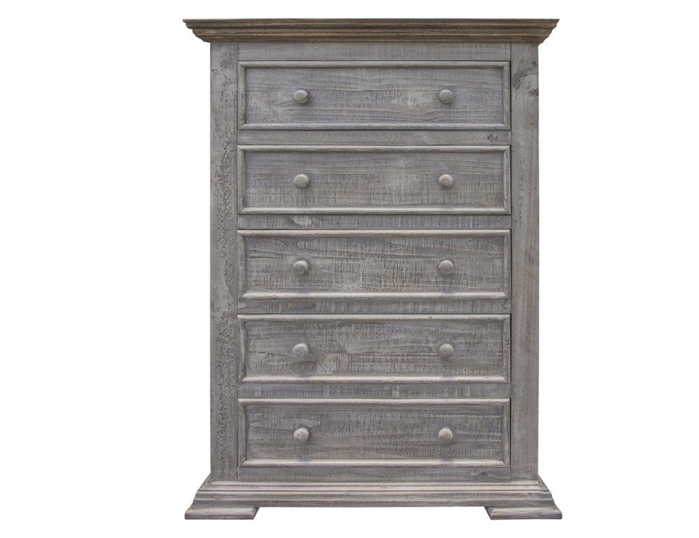 Weathered gray solid wood five-drawer chest with round knobs and crown molding top in rustic shabby chic style.