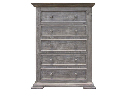 Weathered gray solid wood five-drawer chest with round knobs and crown molding top in rustic shabby chic style.