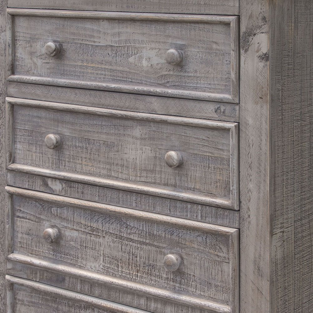 Distressed gray solid wood five-drawer chest with round knobs; rustic farmhouse storage chest.