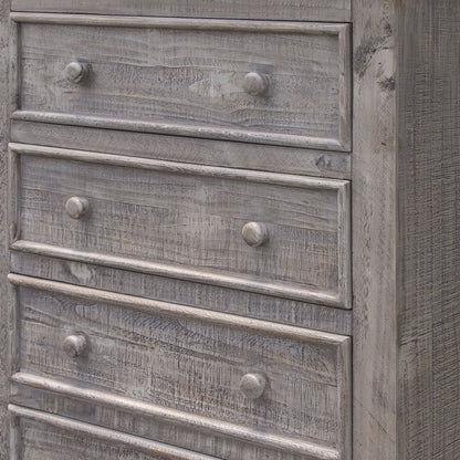 Distressed gray solid wood five-drawer chest with round knobs; rustic farmhouse storage chest.