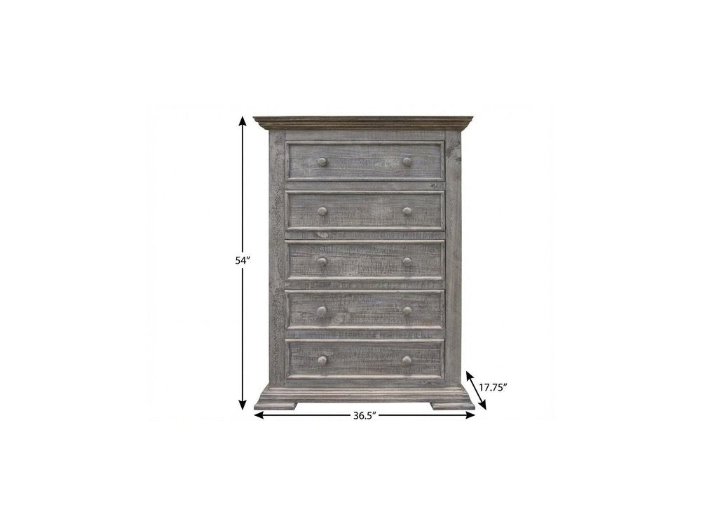 Weathered gray dresser with five drawers, round knob handles; classic farmhouse style, 54" H x 36.5" W x 17.75" D.
