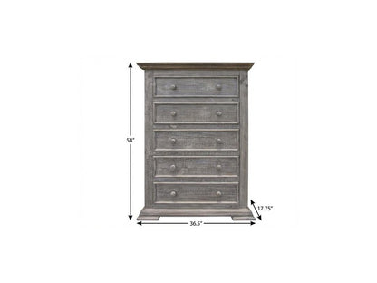 Weathered gray dresser with five drawers, round knob handles; classic farmhouse style, 54" H x 36.5" W x 17.75" D.