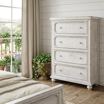 37" Antiqued White Solid Wood Four Drawer Dresser