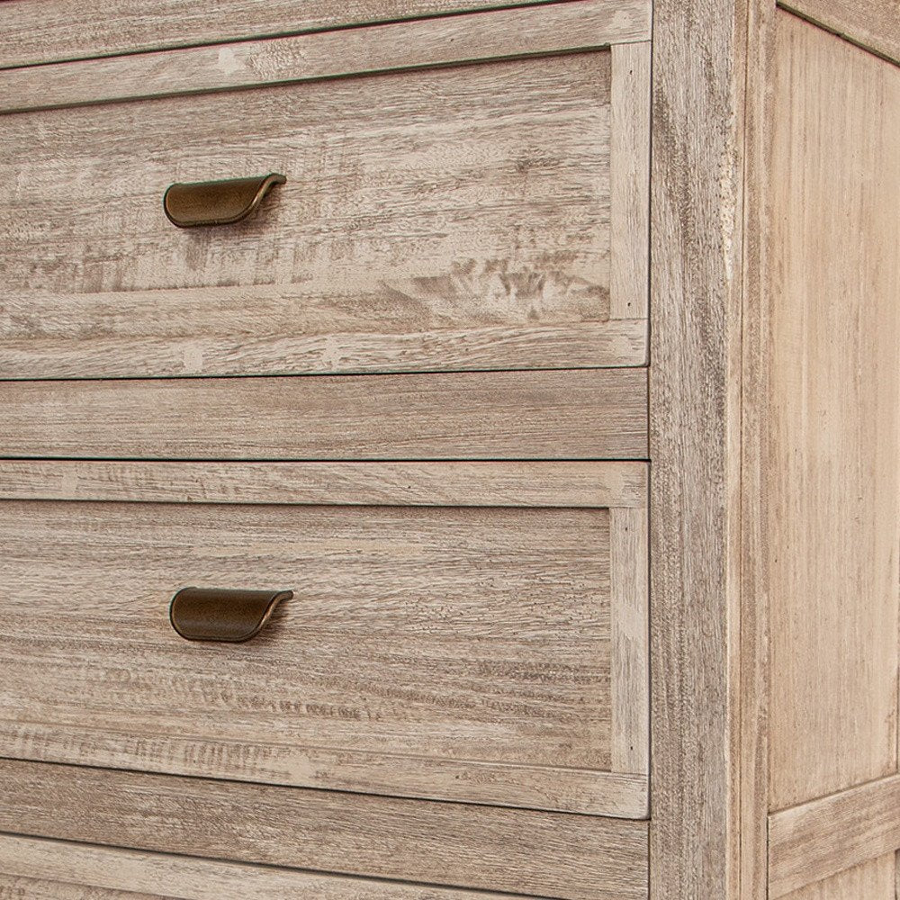 Cream solid wood four-drawer chest, 37" wide, with a rustic light finish and bronze cup pulls.