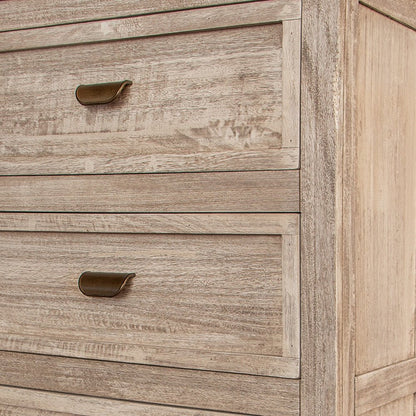 Cream solid wood four-drawer chest, 37" wide, with a rustic light finish and bronze cup pulls.