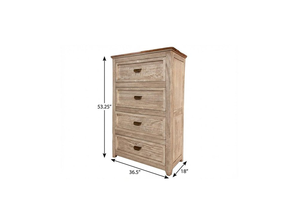 Cream solid wood four-drawer chest with dark metal pulls; tall bedroom storage, 53.25in high, 36.5in wide, 18in deep.
