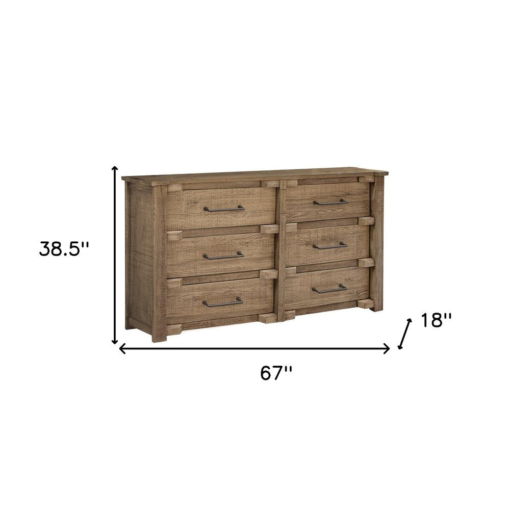 Rustic natural wood dresser with two 3-drawer columns and black metal handles; 67W x 38.5H x 18D