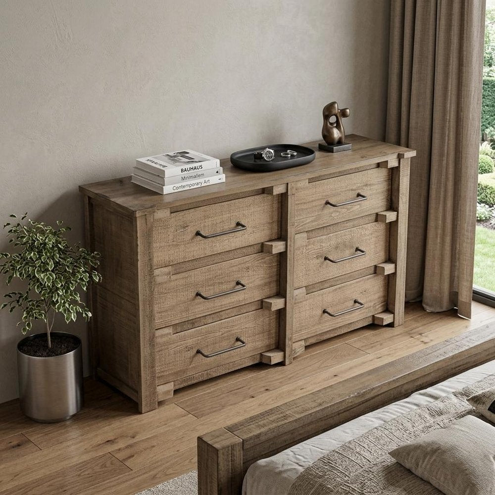 67" Natural Solid Wood Six Drawer Double Dresser