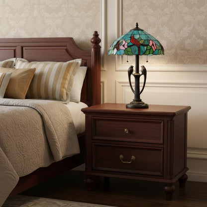 22" Bronze Two Light Tiffany Table Lamp With Aqua and Red Floral Shade