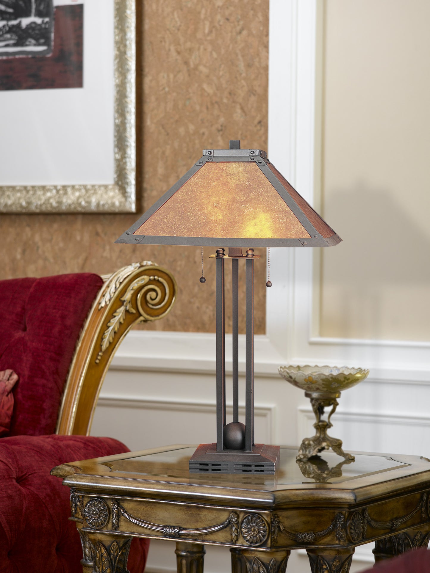 25" Rust Metal Two Light Table Lamp With Amber Square Shade