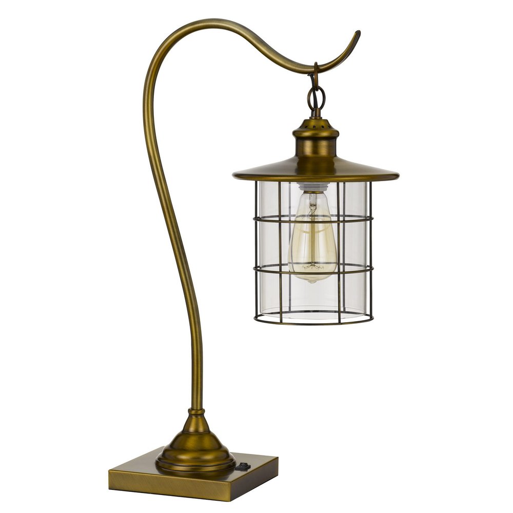 25" antiqued brass metal lantern desk lamp with an antiqued brass drum shade