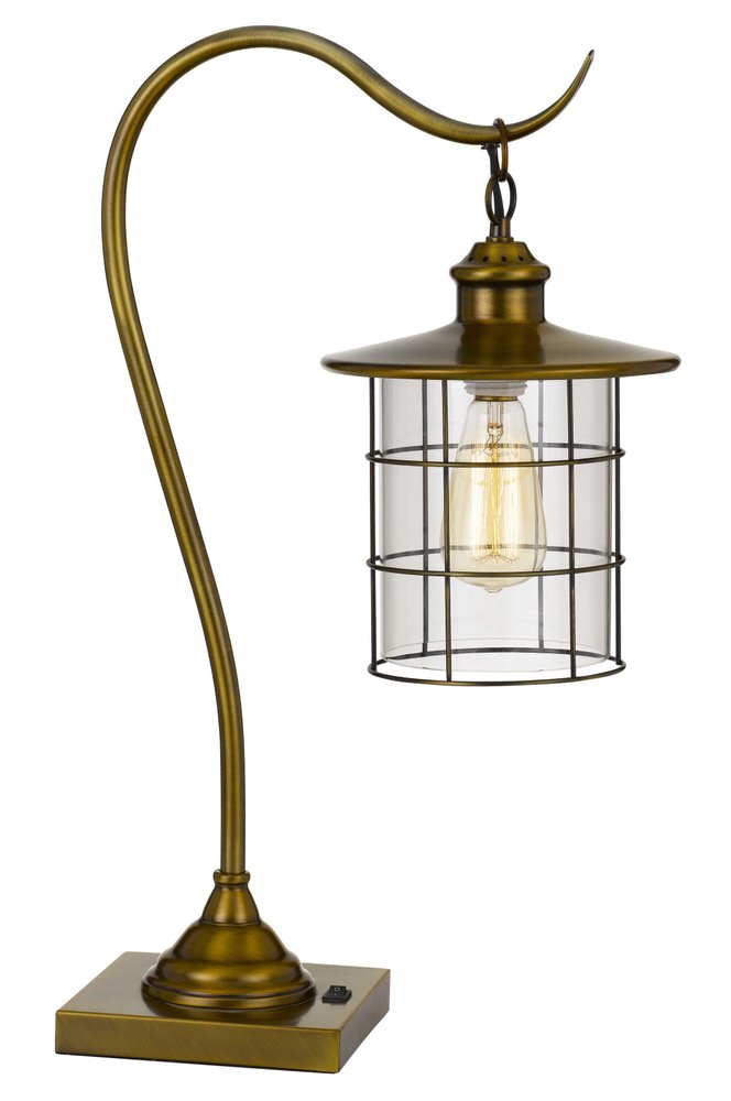 25" antiqued brass metal lantern desk lamp with an antiqued brass drum shade.